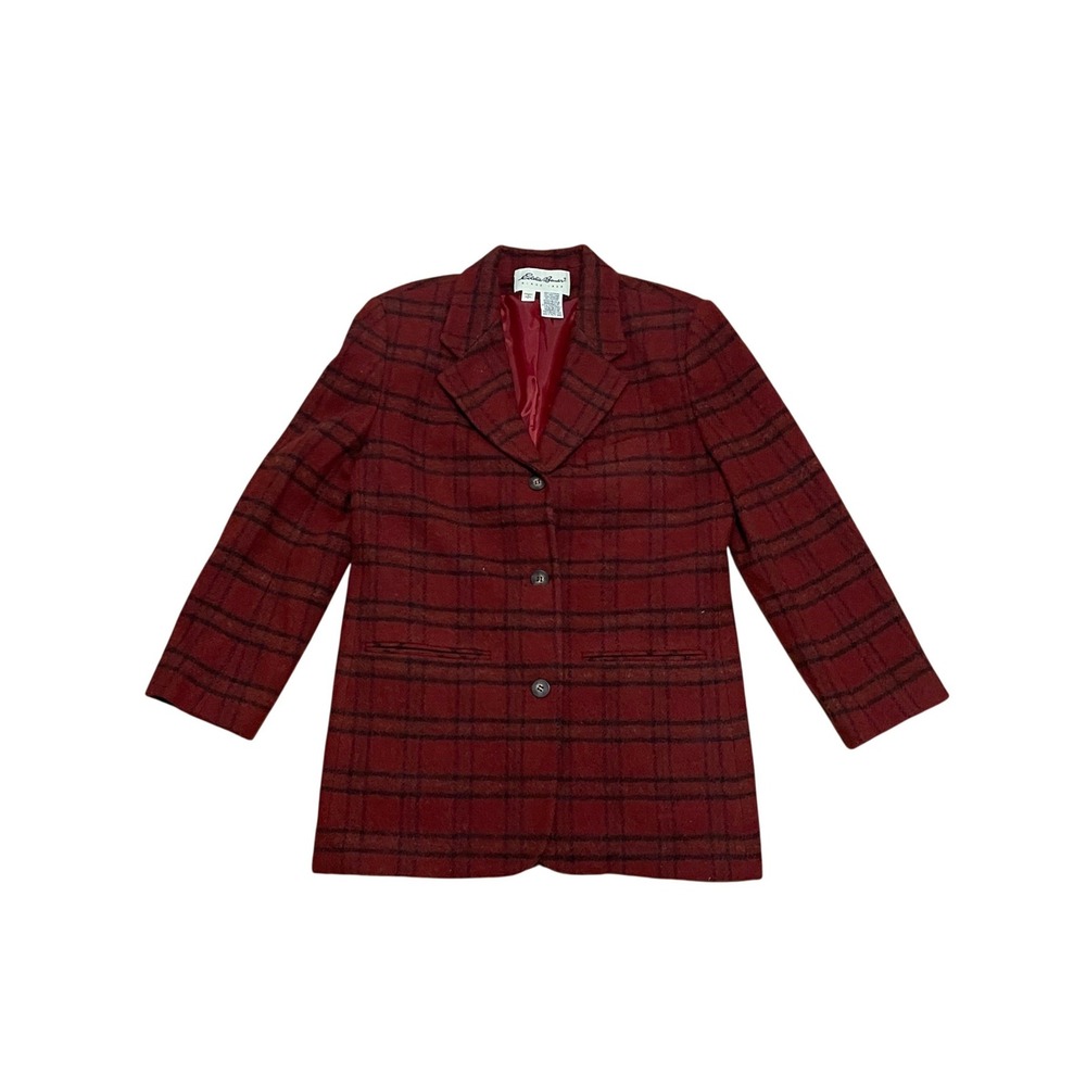 VTG Eddie Bauer Women's Small Burgundy Red Plaid Wool Blazer Jacket Academia